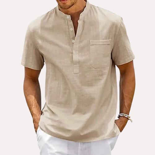 Cotton Linen Shirt Men Henley Neck Pocket Casual Beach Short Sleeve Solid Color Male Tops T-shirts Vintage Streetwear