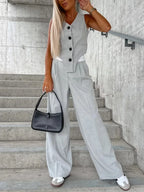 Summer Autumn Two Piece Set for Women 2025 Fashion Sleeveless Striped Vest Blazer Top and Ruched Wide Pants Set for Office Suit