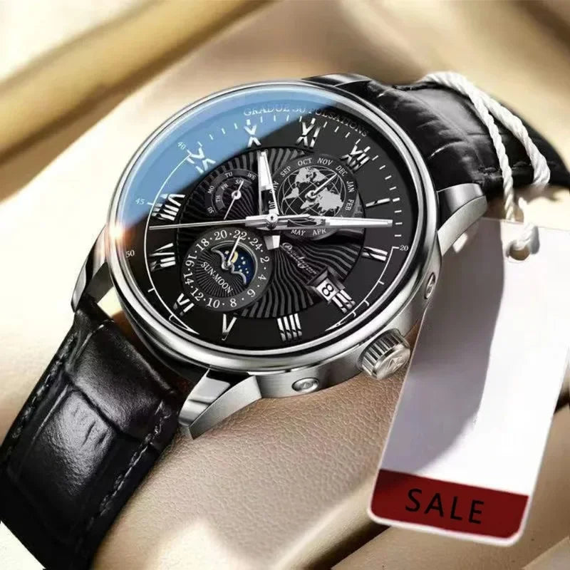 Luxury Man Watch Waterproof Chronograph Moon Phase Pattern Luminous Men's Wristwatch Leather Men Quartz Watches Casual Clock