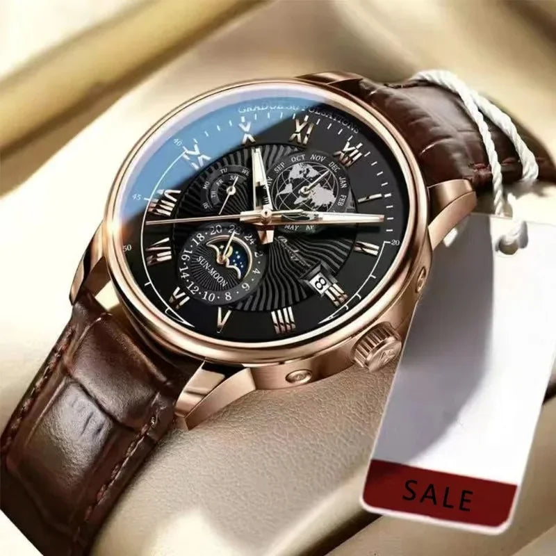Luxury Man Watch Waterproof Chronograph Moon Phase Pattern Luminous Men's Wristwatch Leather Men Quartz Watches Casual Clock