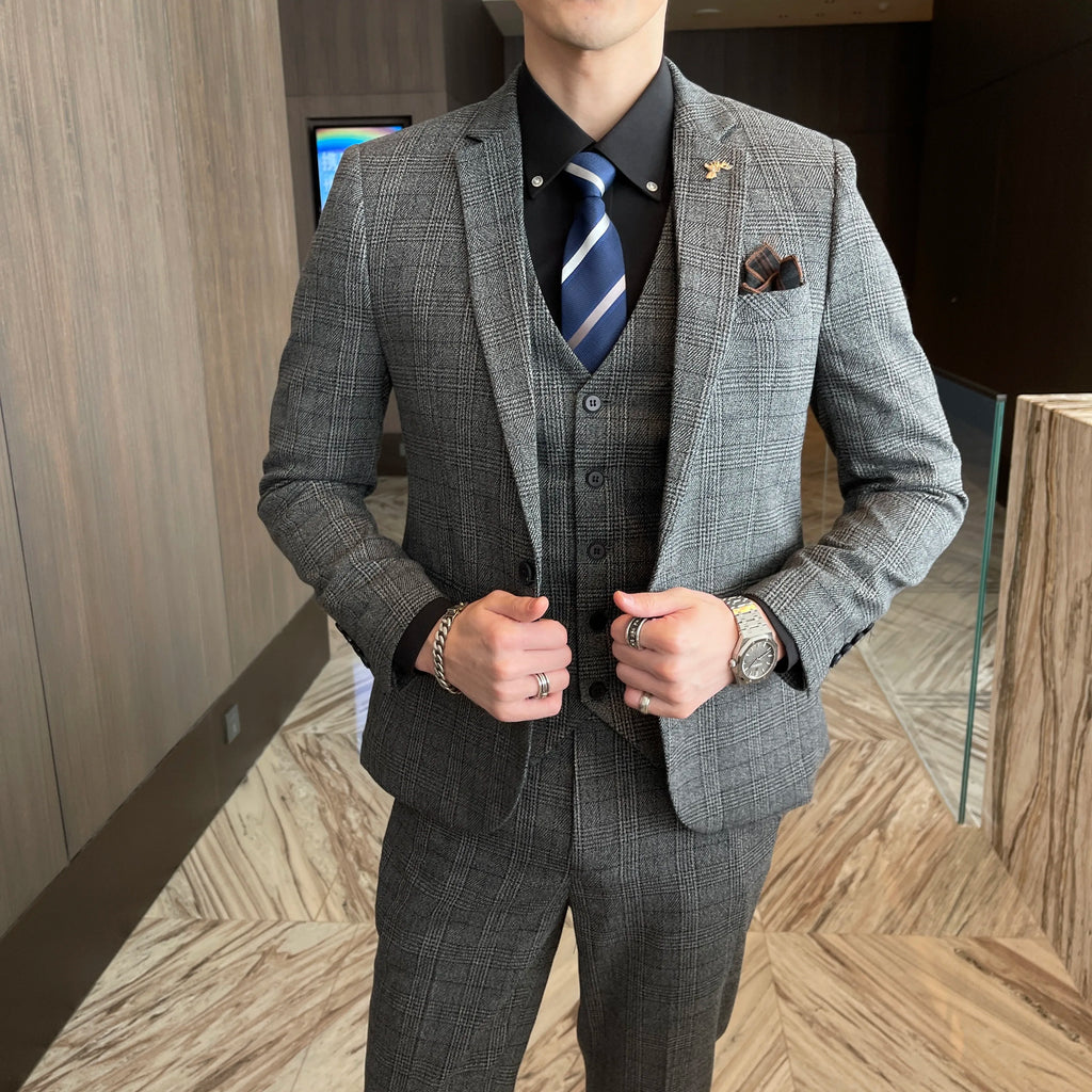 British Korean Style High Quality Modified Plaid Three-Piece Suit for Men - Stylish Business Casual Suit Vest And Trousers Set