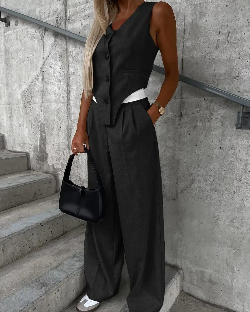 Summer Autumn Two Piece Set for Women 2025 Fashion Sleeveless Striped Vest Blazer Top and Ruched Wide Pants Set for Office Suit