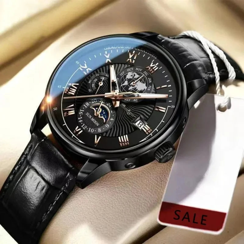 Luxury Man Watch Waterproof Chronograph Moon Phase Pattern Luminous Men's Wristwatch Leather Men Quartz Watches Casual Clock