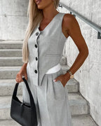 Summer Autumn Two Piece Set for Women 2025 Fashion Sleeveless Striped Vest Blazer Top and Ruched Wide Pants Set for Office Suit