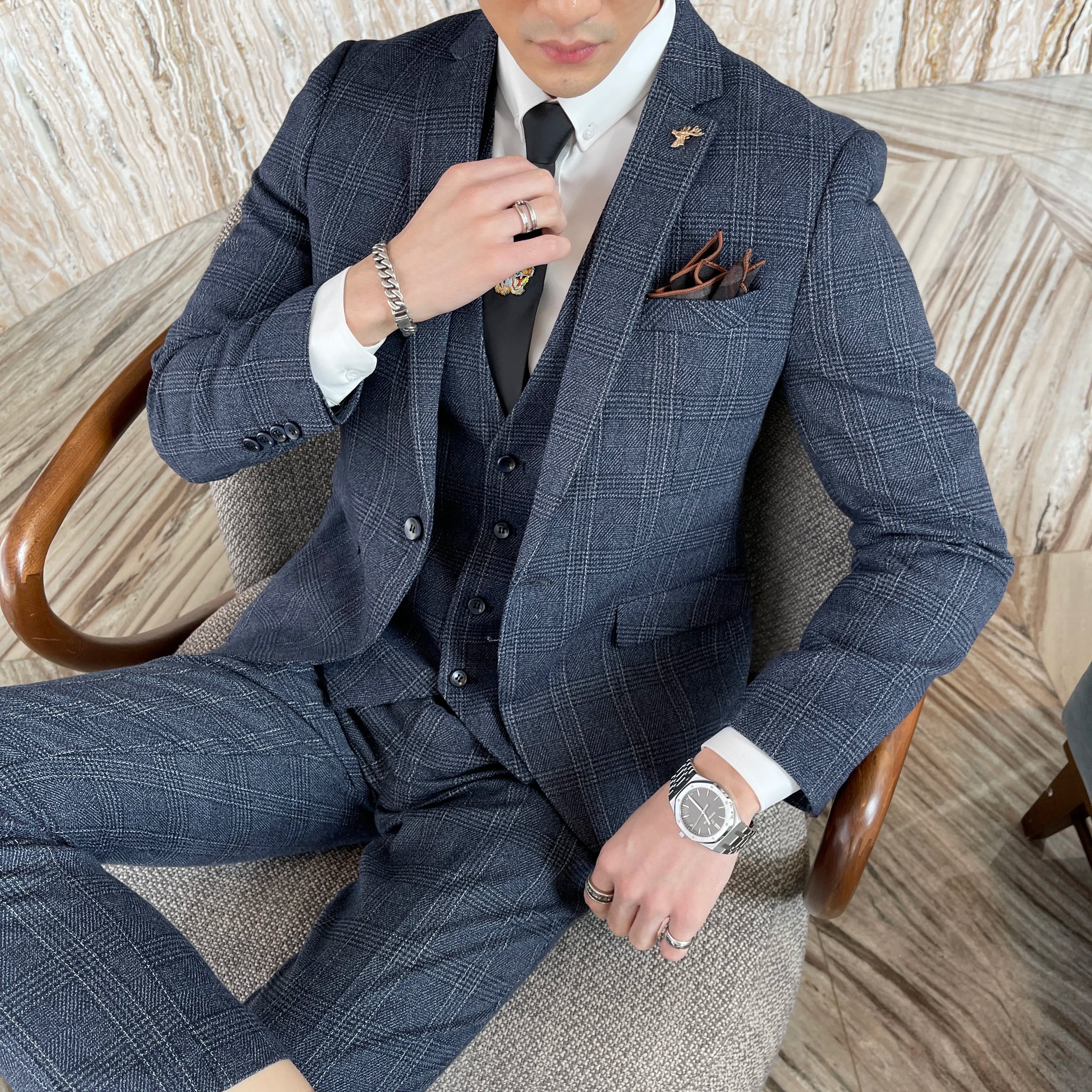 British Korean Style High Quality Modified Plaid Three-Piece Suit for Men - Stylish Business Casual Suit Vest And Trousers Set