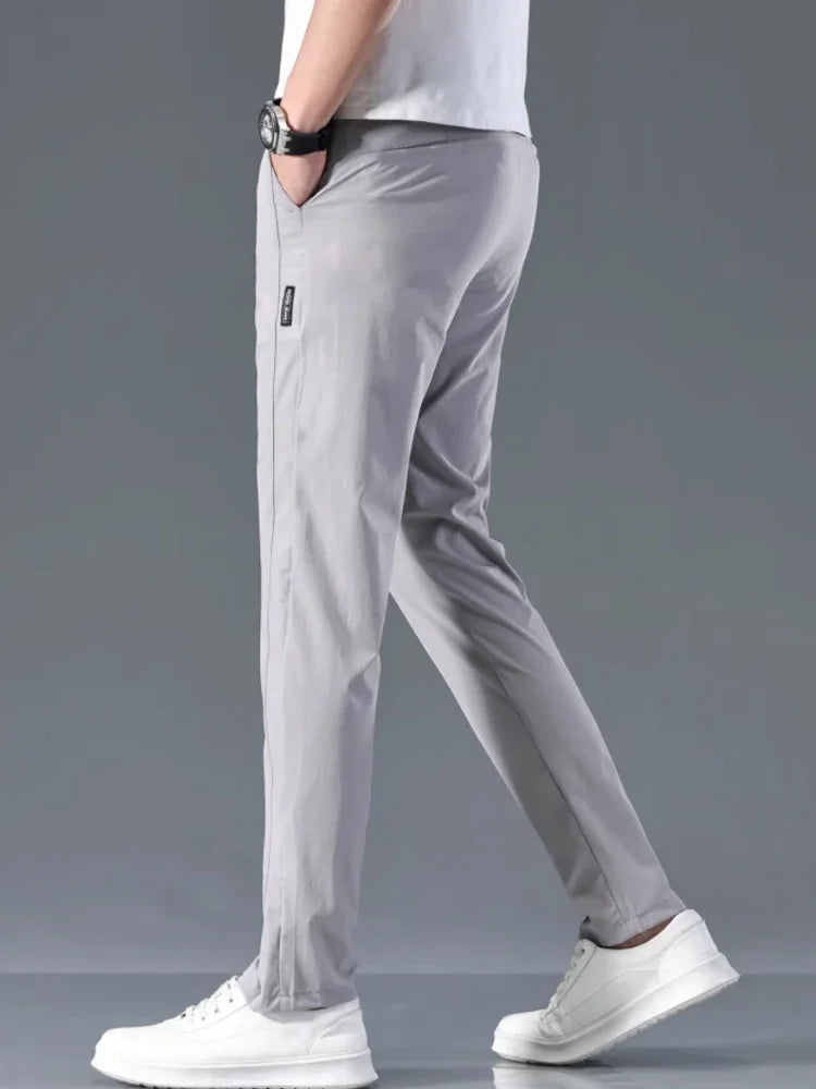 Men's casual pants, semi elastic waistband, nylon ice silk elastic straight tube, light gray, business gentleman, summer casual