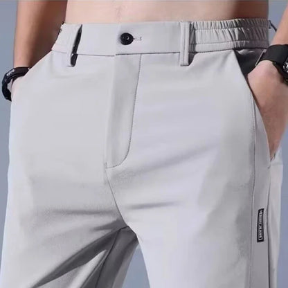 Men's casual pants, semi elastic waistband, nylon ice silk elastic straight tube, light gray, business gentleman, summer casual