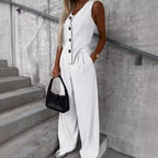 Summer Autumn Two Piece Set for Women 2025 Fashion Sleeveless Striped Vest Blazer Top and Ruched Wide Pants Set for Office Suit