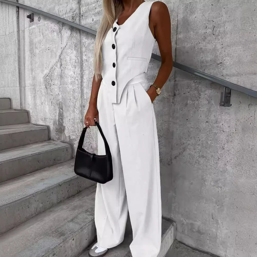 Summer Autumn Two Piece Set for Women 2025 Fashion Sleeveless Striped Vest Blazer Top and Ruched Wide Pants Set for Office Suit