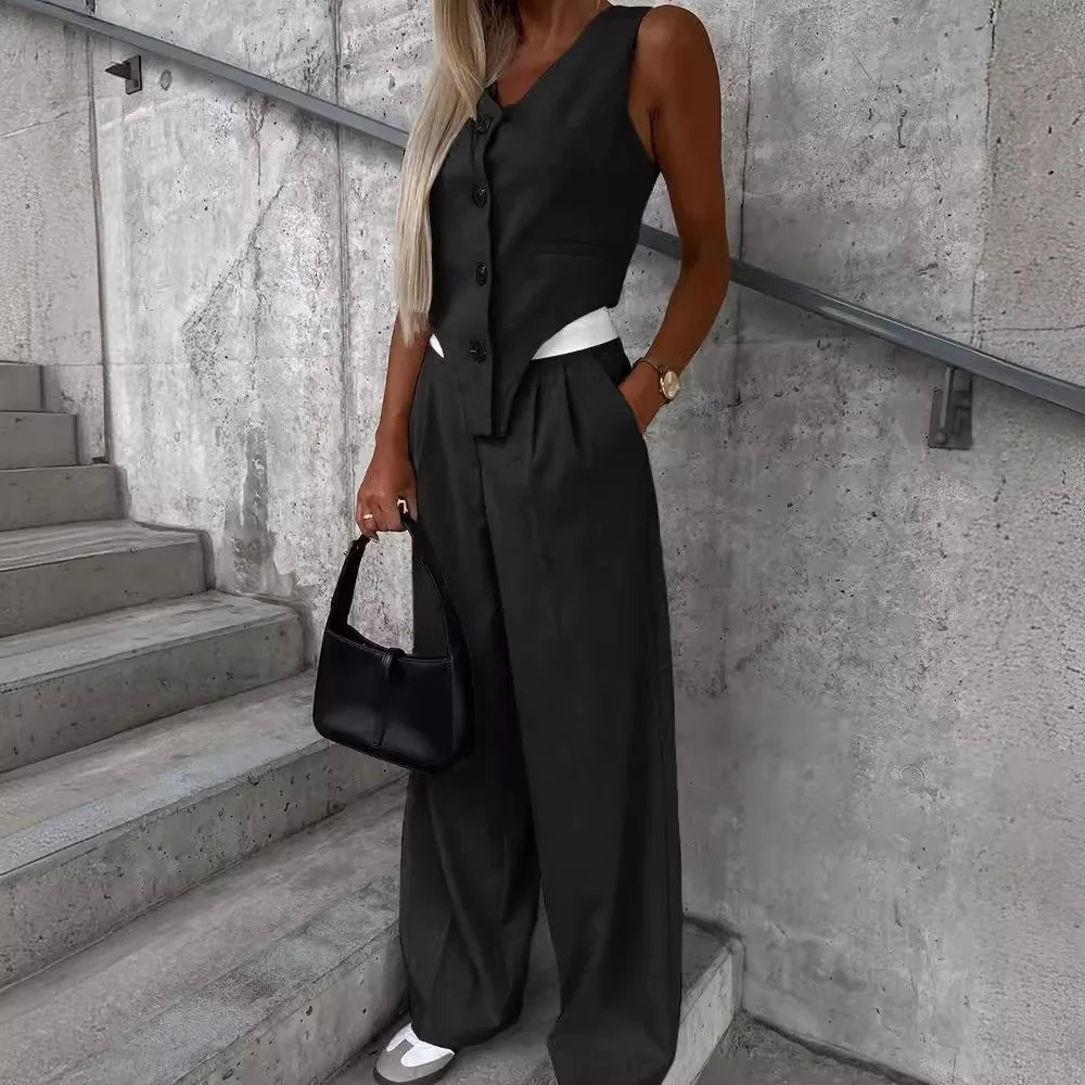 Summer Autumn Two Piece Set for Women 2025 Fashion Sleeveless Striped Vest Blazer Top and Ruched Wide Pants Set for Office Suit