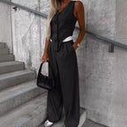 Summer Autumn Two Piece Set for Women 2025 Fashion Sleeveless Striped Vest Blazer Top and Ruched Wide Pants Set for Office Suit
